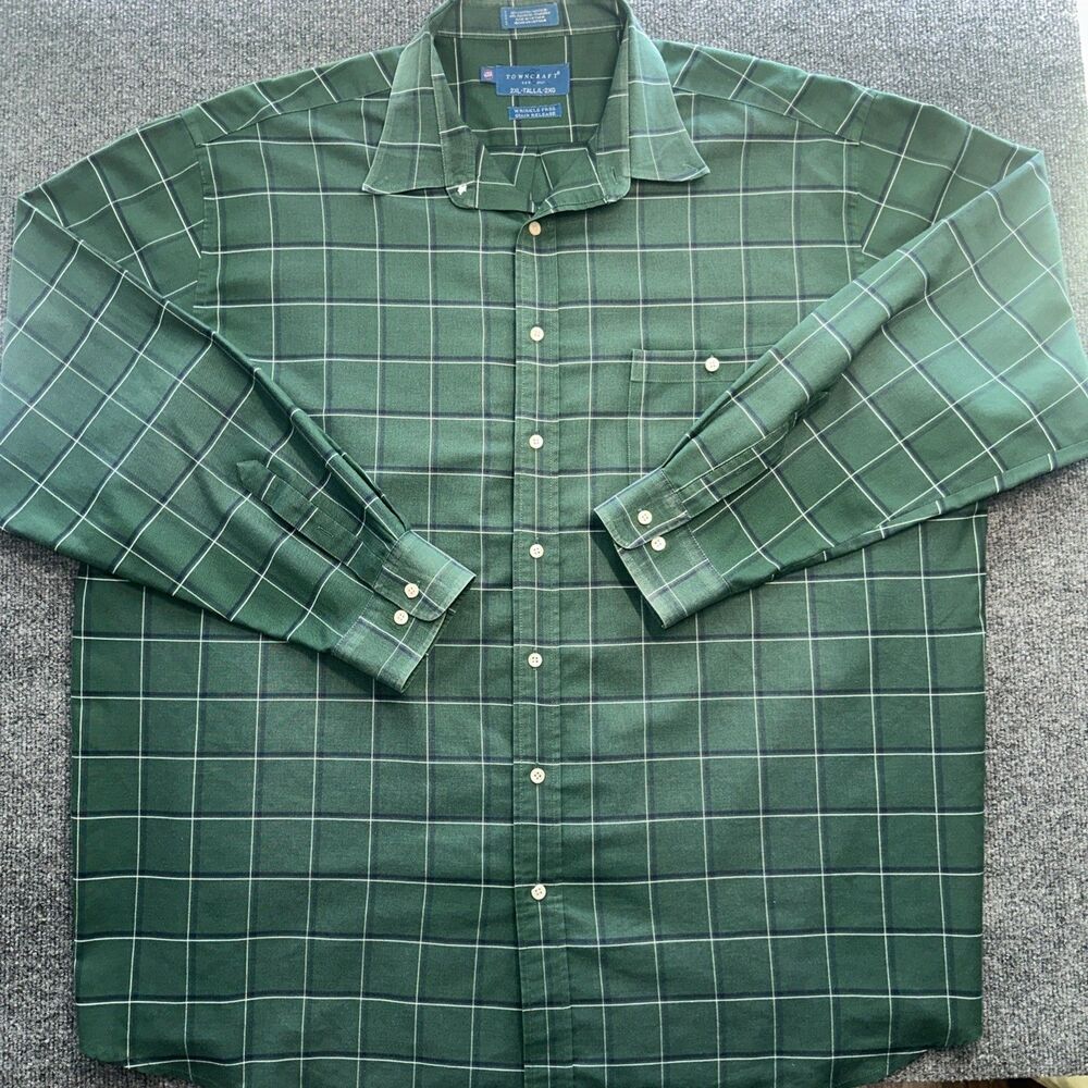Vintage 90s Towncraft Mens 2XL Tall Wrinkle Free Green Plaid Button Down Shirt